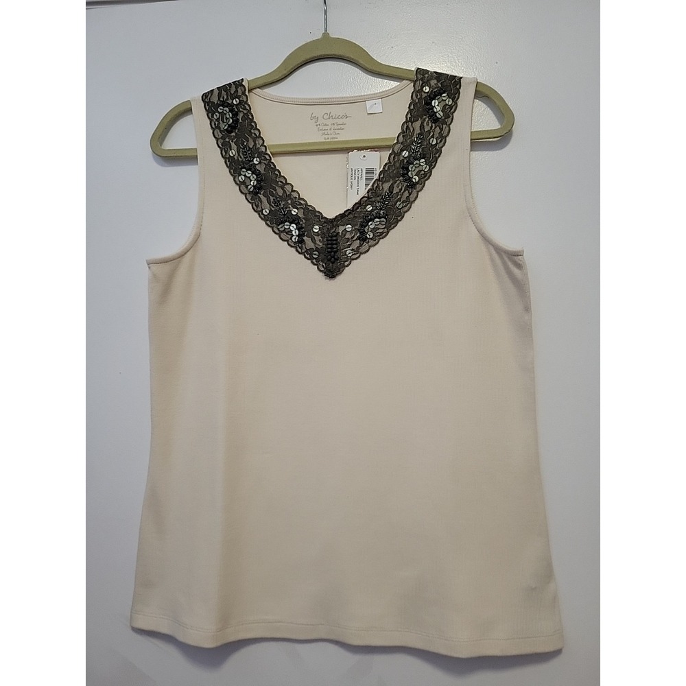 Chico's 3 Lacy Woods Tank V-Neck Sequin Detail Ivory and Green XL NWT